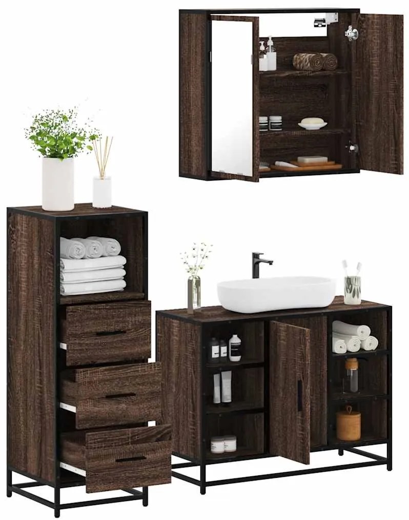 Set Mobili Da Bagno 3 Pz Rovere Marrone İn Legno Multistrato /