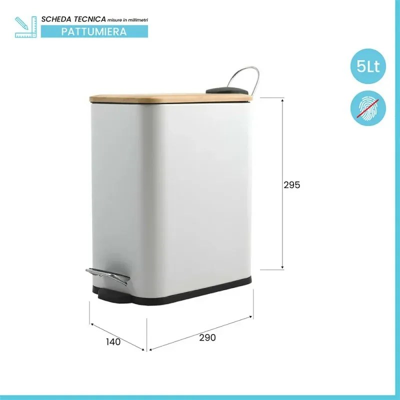 Pattumiera bagno 5 Lt in acciaio con coperchio in bambù bianca con apertura a pedale Rexa