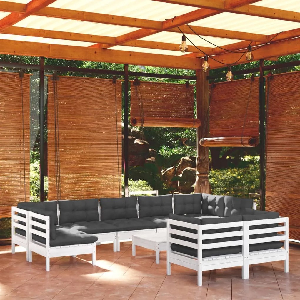 Set divani da giardino 10 pz con cuscini bianchi legno di pino