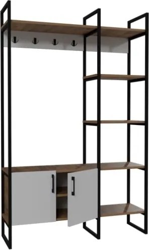 Mobile Ingresso Industrial 120x34x180 Con Scarpiera Appendiabiti E Ripiani Yago Bianco E Rovere