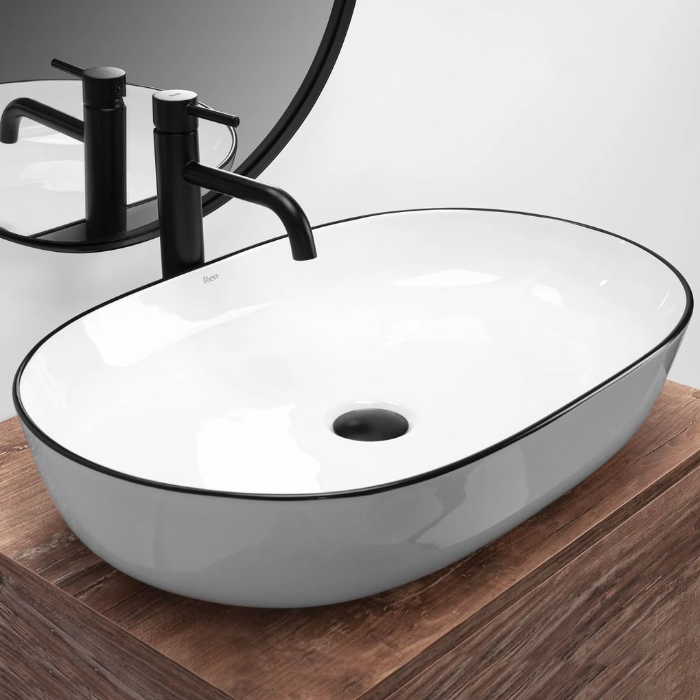 Lavabo da appoggio in ceramica Rea CLEO white Black edge