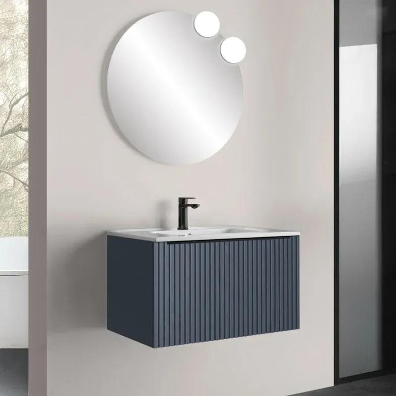 Mobile bagno sospeso 70 cm blu notte cannettato con cassetto, specchio e lavabo Nara