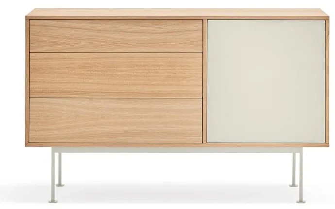 Cassettiera bianco crema con impiallacciatura in rovere, larghezza 128 cm Yoko - Teulat