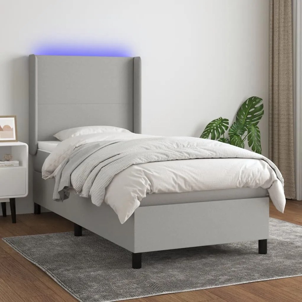 Letto A Molle Materasso E Led Grigio Chiaro 100x200 Cm Tessuto /