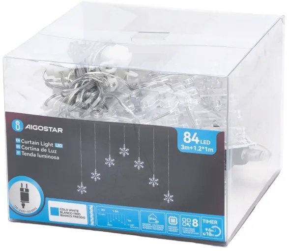 Aigostar - Catena LED da esterno 84 LED / 8 funzioni 1,2 x 1 m IP44 bianco freddo con fiocchi di neve
