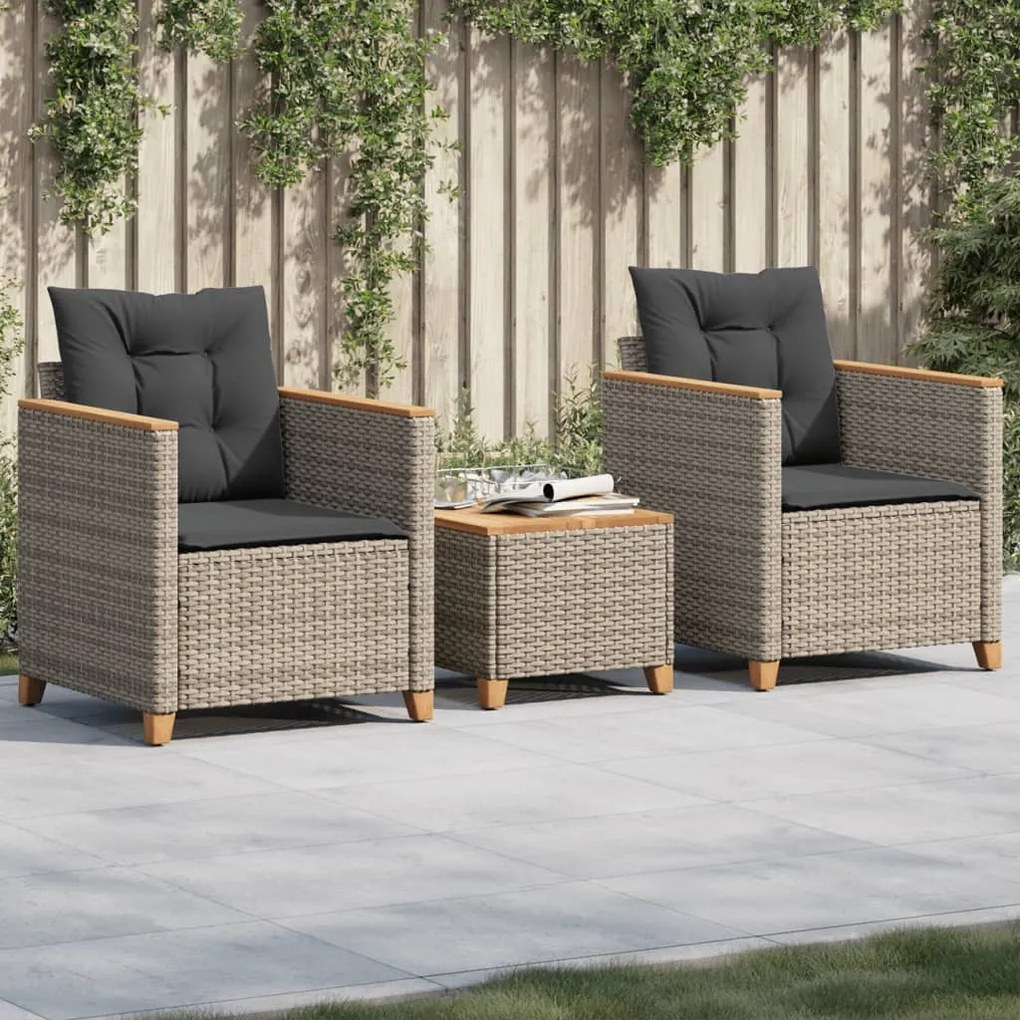 Set Da Bistrò 3 Pz Con Cuscini Grigio Polyrattan E Legno Acacia /