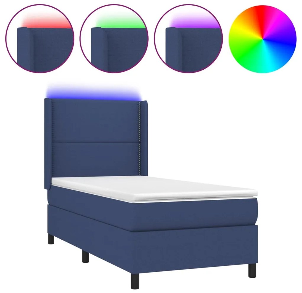 Letto a molle con materasso e led blu 100x200cm in tessuto