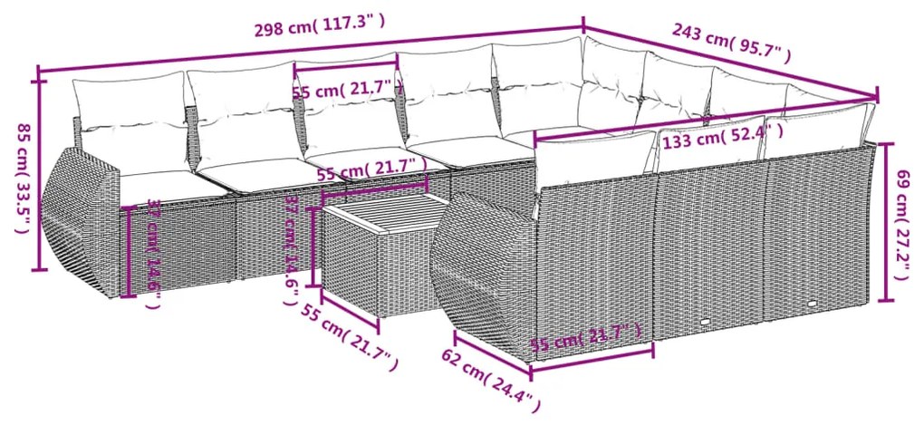 Set divani da giardino 11 pz con cuscini beige in polyrattan