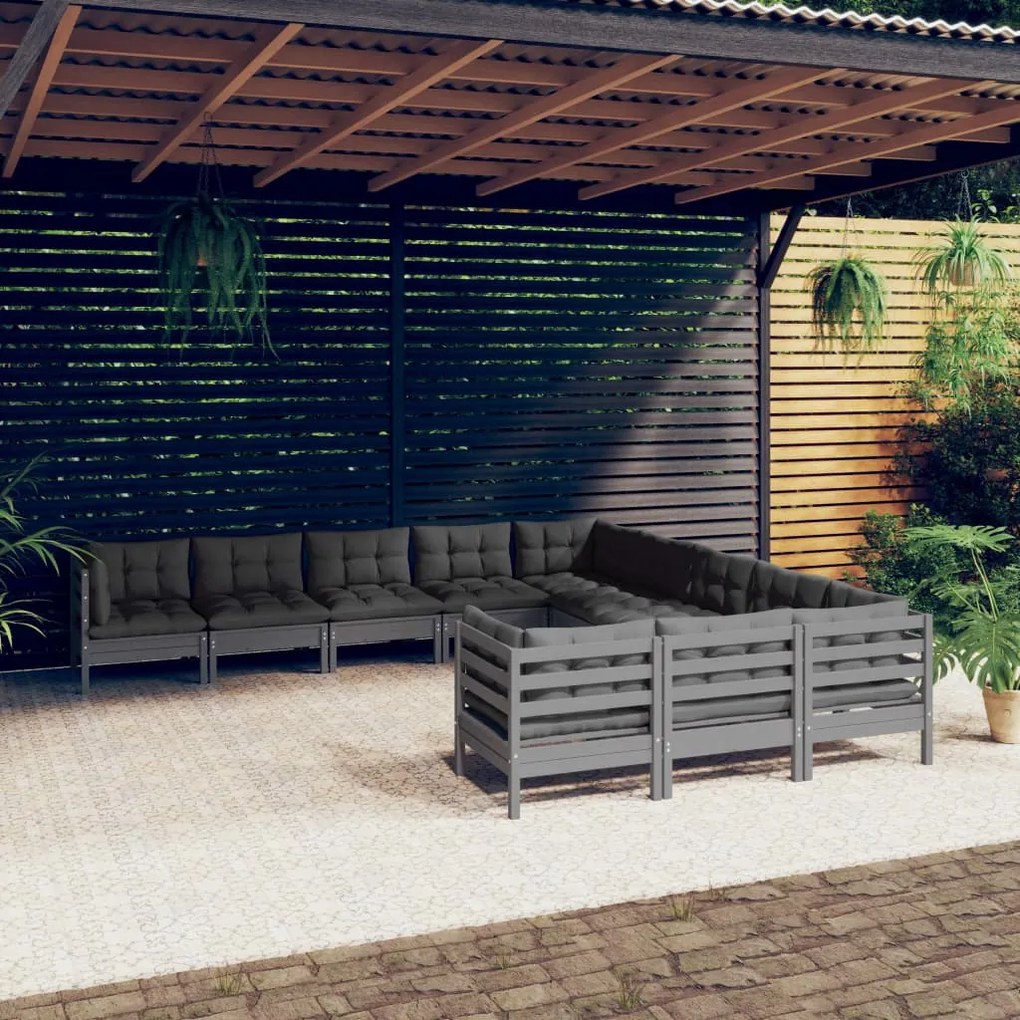 Set divani da giardino 11 pz con cuscini grigi massello di pino