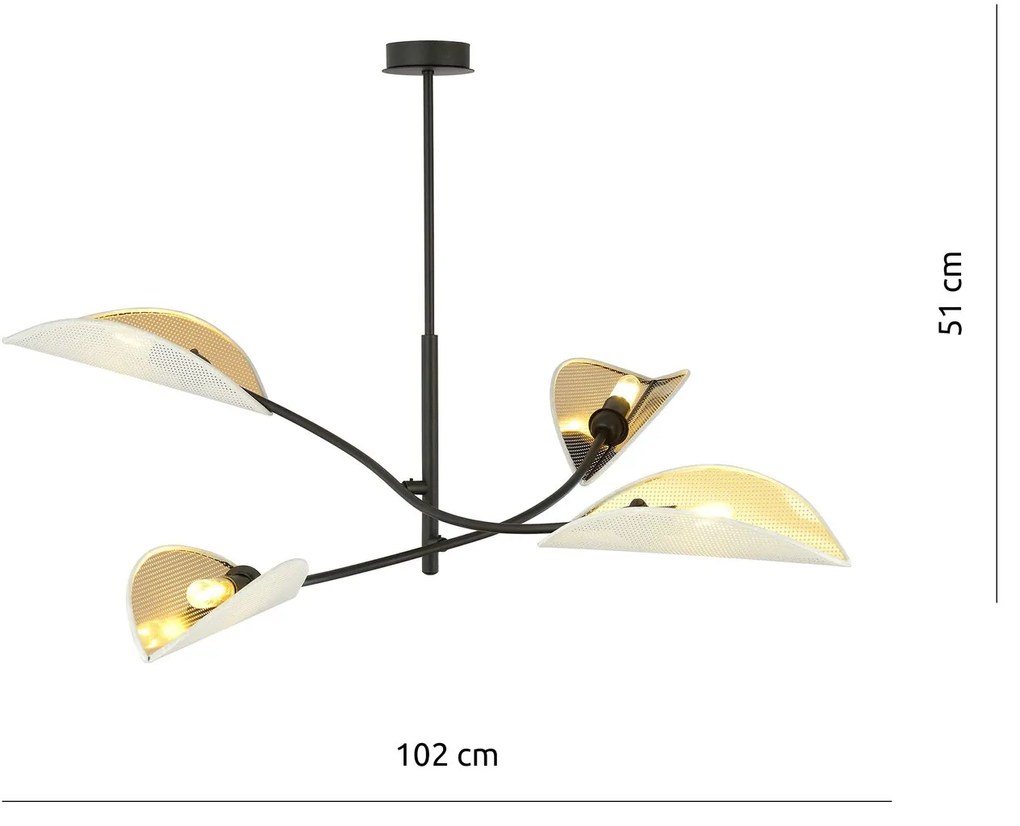 Sospensione Nordica 4 Luci Lotus In Acciaio Nero Bianco E Oro Bracci Regolabili