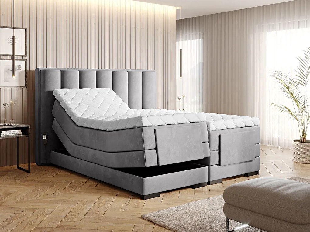 Letto motorizzato matrimoniale boxspring Utrecht - 180 x 200 cm , Tessuto grigio chiaro