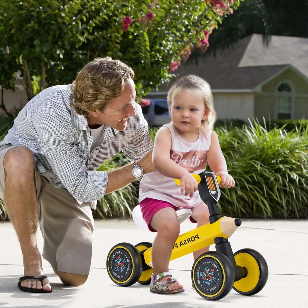 Costway Bicicletta senza pedali per bambini da 10 a 24 mesi, Bici carina con 4 ruote silenziose sterzo limitato Giallo