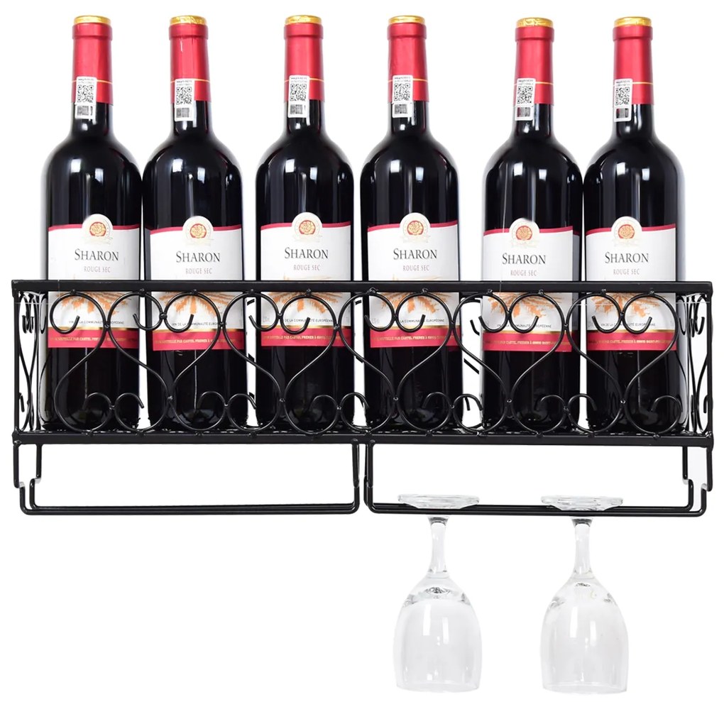 Costway Portabottiglie da parete con porta bicchieri in metallo, Scaffale vini a parete con bancali 50x10x17cm