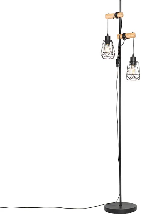 Lampada da terra rustica nera con legno 2 luci con paralume - Dami Frame