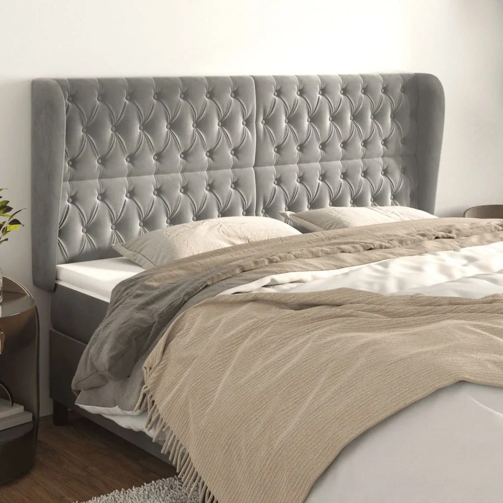 Testiera Ad Orecchio Grigio Chiaro 183x23x118/128 Cm İn Velluto /