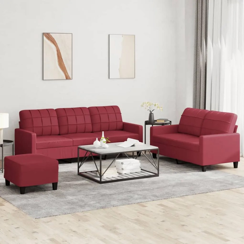 Set Di Divani 3 Pz Con Cuscini Rosso Vino İn Similpelle /