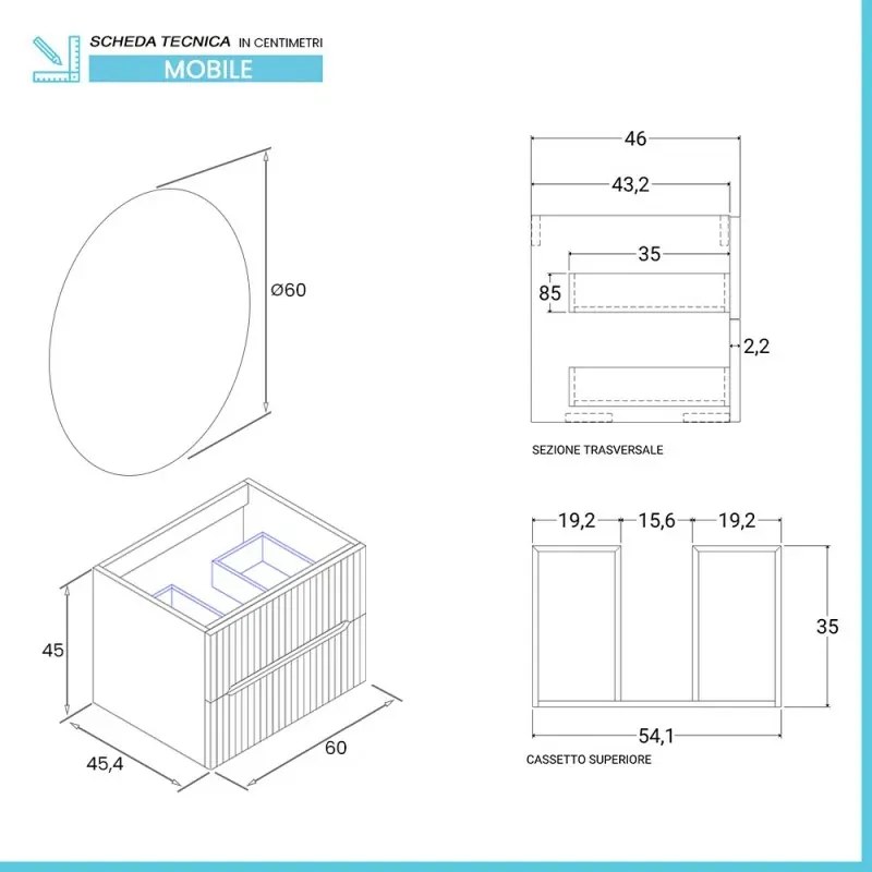 Mobile bagno sospeso cannettato 60 cm noce canaletto con lavabo Bali