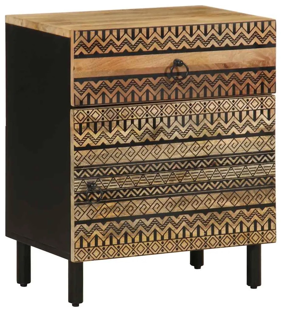 Comodino Nero 50x33x60 Cm İn Legno Massello Di Mango Grezzo /