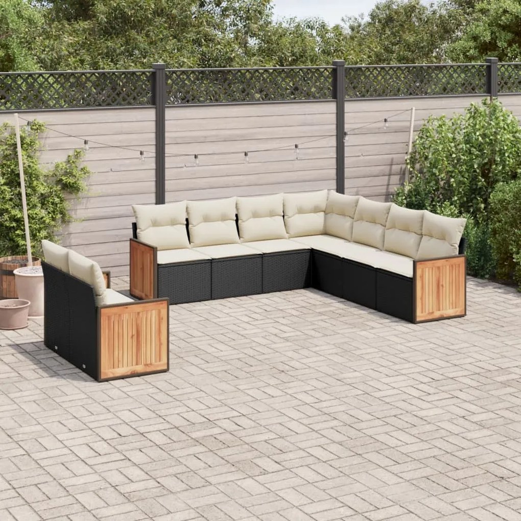 Set Divani da Giardino 9 pz con Cuscini Nero in Polyrattan