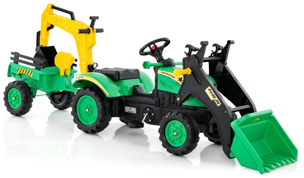 Costway Escavatore a pedali per bambini con 6 ruote rimorchio staccabile e 2 benne, Ruspa per bambini 3-6 anni 2 Colori
