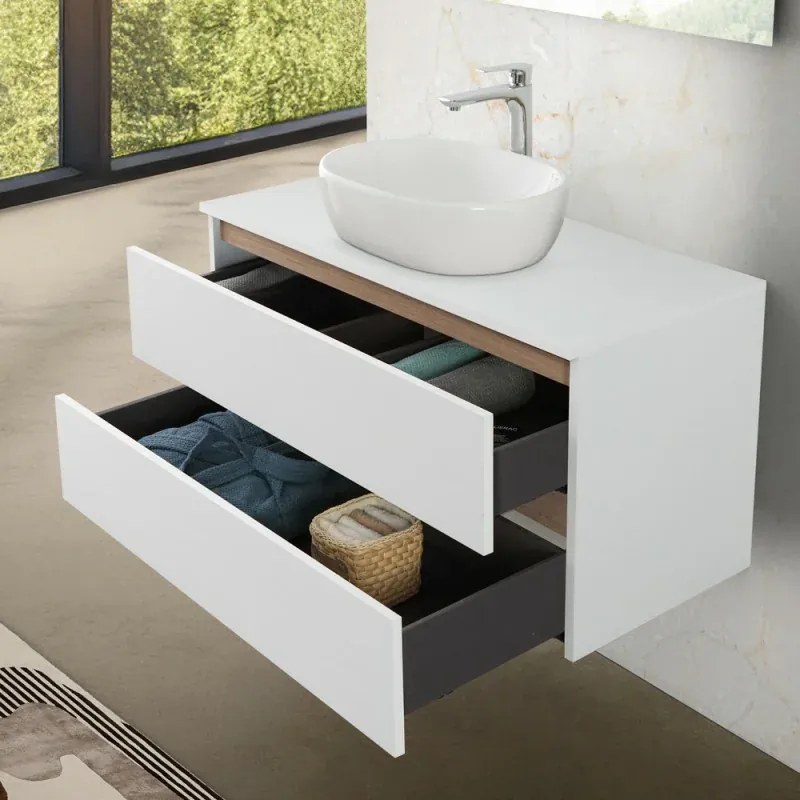 Mobile bagno sospeso 80 cm bianco e rovere con cassetti soft-close Kleo