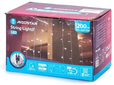 Aigostar - Catena luminosa natalizia LED da esterno 200xLED/8 funzioni 5x2m IP44 bianco freddo