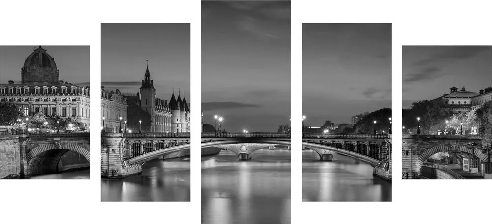 Quadri 5 pezzi – Panorama di Parigi abbagliante in bianco e nero