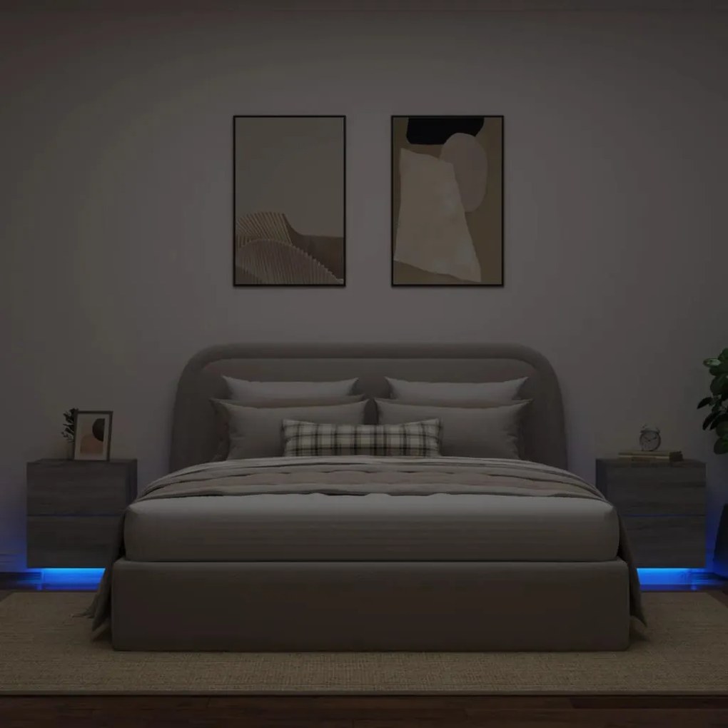 Comodini con luci led 2pz grigio sonoma in legno multistrato