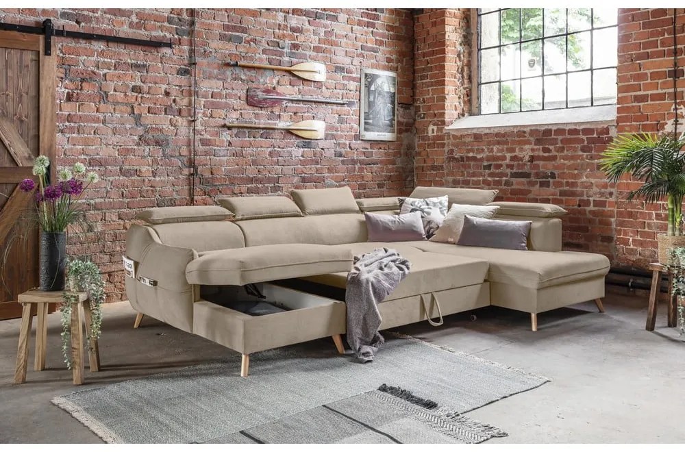 Divano letto angolare in velluto beige a "U" (angolo destro) Sweet Harmony - Miuform