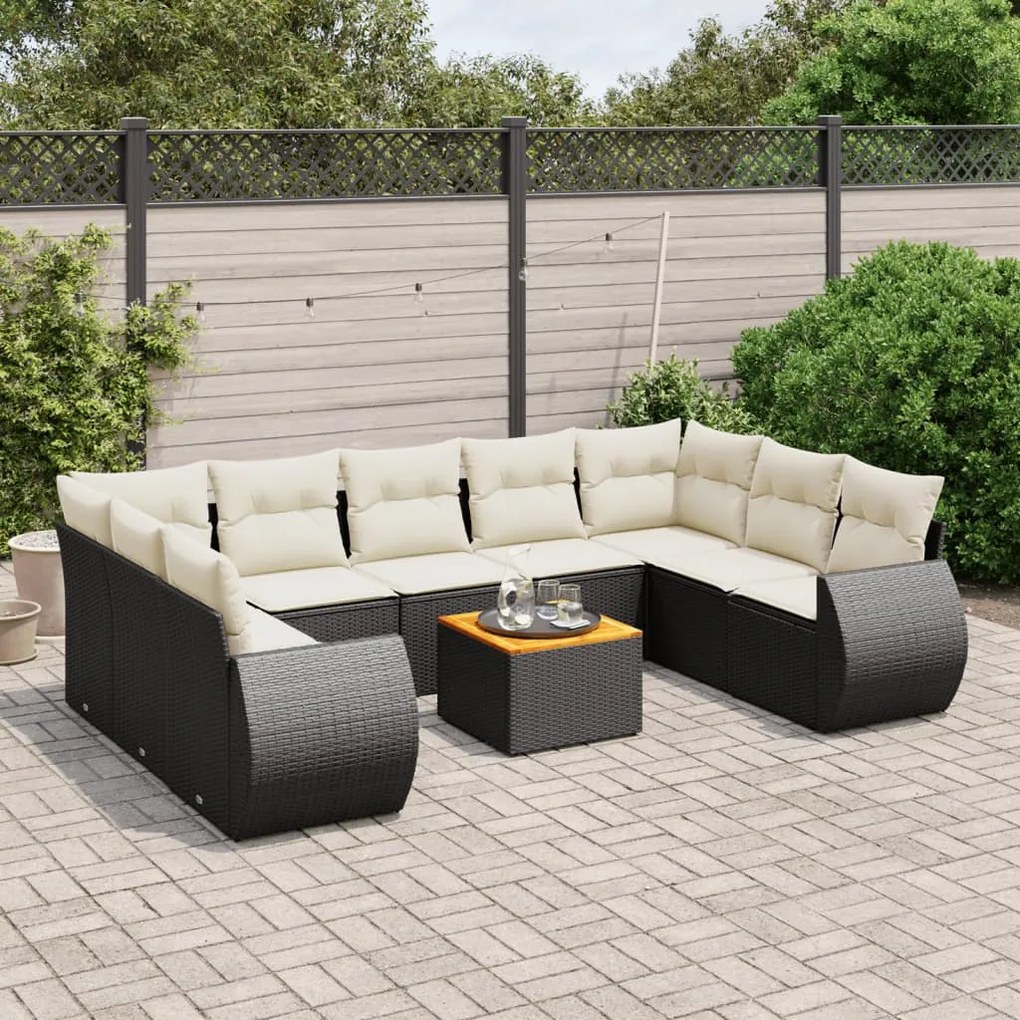 Set divani da giardino 10pz con cuscini in polyrattan nero