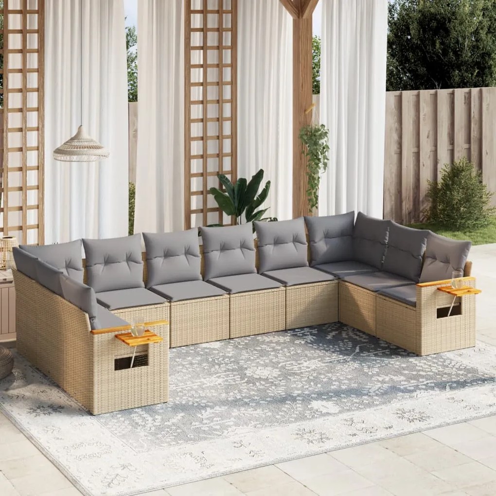 Set divano da giardino 10 pz con cuscini beige in polyrattan