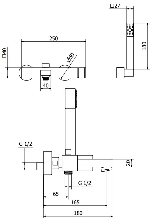 Miscelatore vasca monocomando con doccetta nero opaco PILLAR 9k150