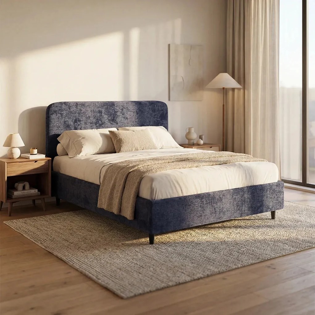 KAELOS letto minimal imbottito - vano contenitore, piedi alti e testiera arrotondata in tessuto ciniglia