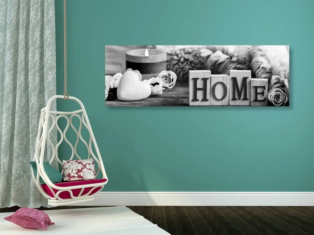 Quadro su tela – Natura morta con scritta Home in bianco e nero