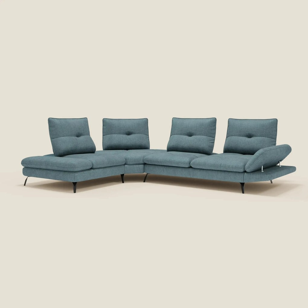 Ardex Divano Angolare - schienali traslanti e bracciolo regolabile in elegante tessuto impermeabile T06 azzurro