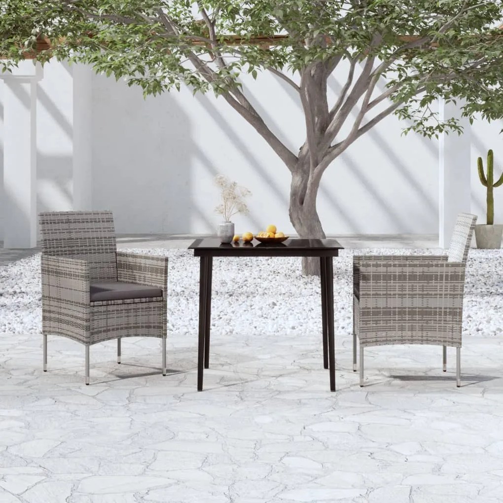 Set da pranzo per giardino 3 pz con cuscini grigio e nero