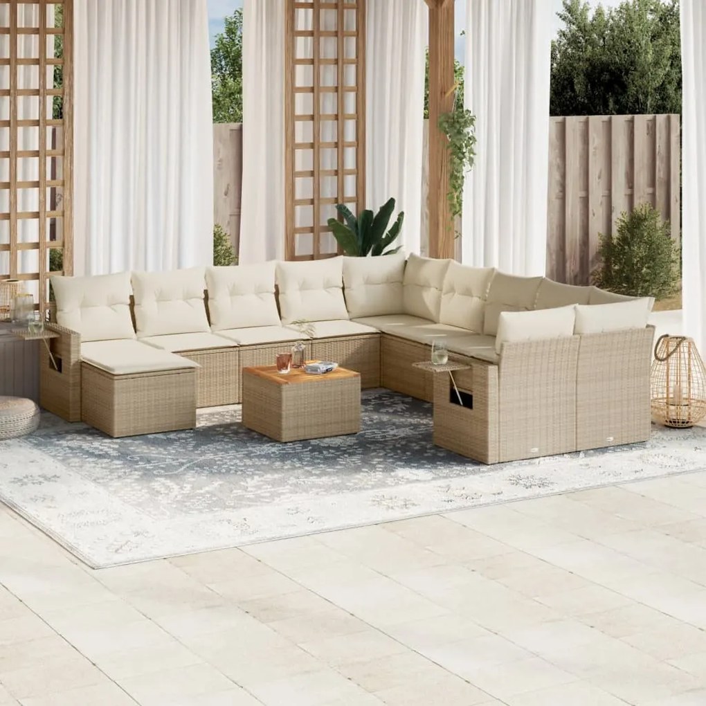 Set divani da giardino 14pz con cuscini in polyrattan beige