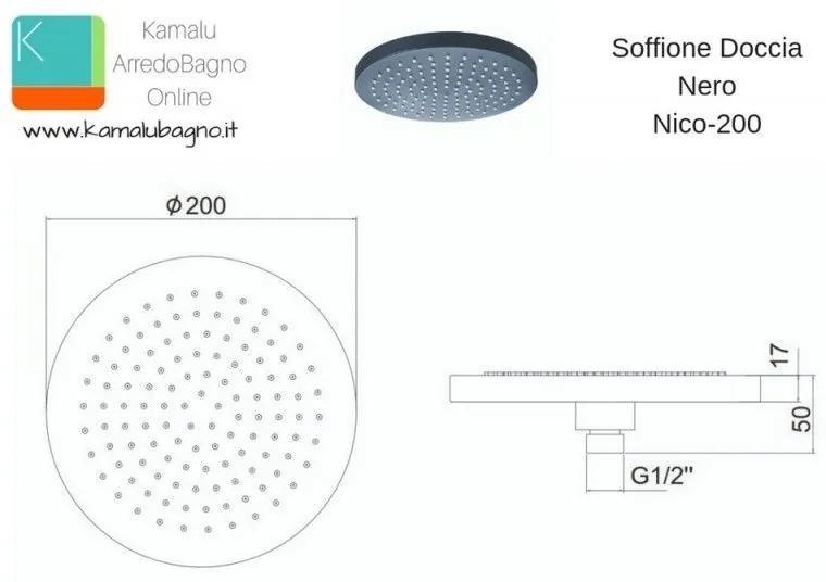 Kamalu - soffione doccia circolare colore nero modello nico-200