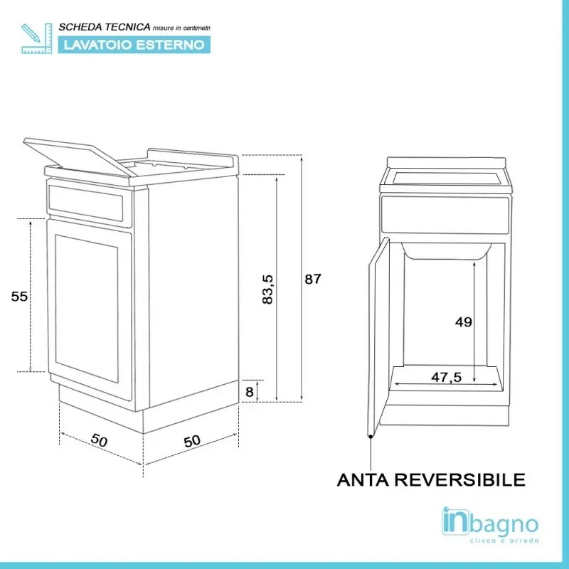 Mobile Lavatoio in Kit 50x50 cm con Vasca in Resina colore Bianco