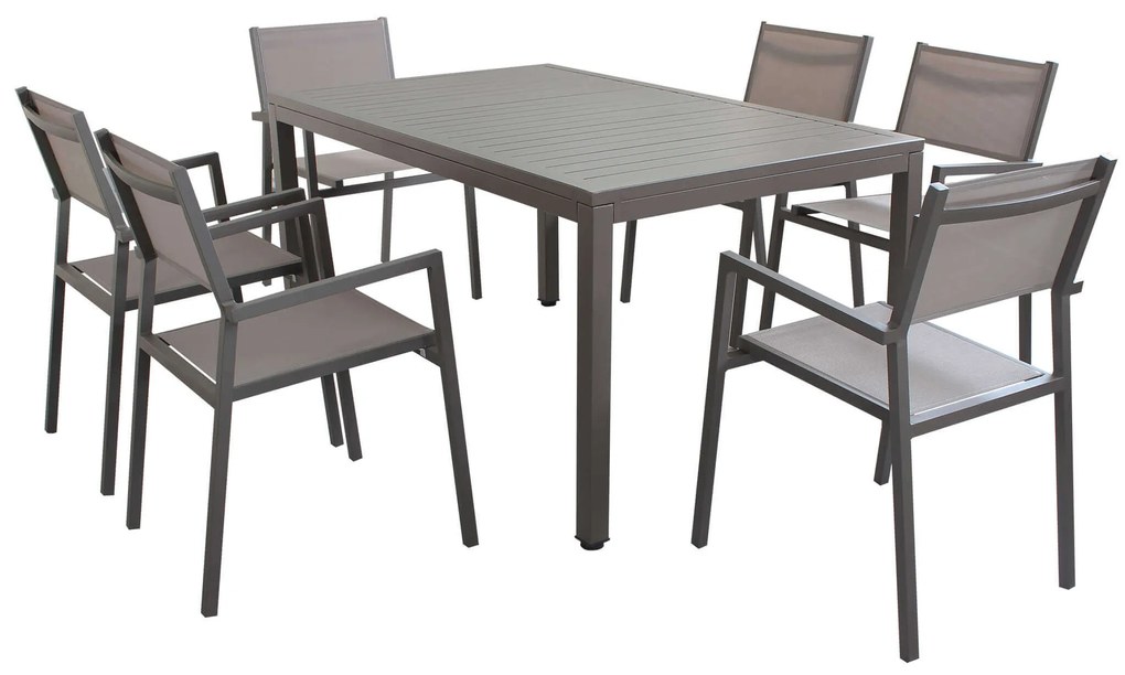 OMEN - set tavolo in alluminio e teak cm 150 x 90 x 74 h con 6 poltrone Aulus