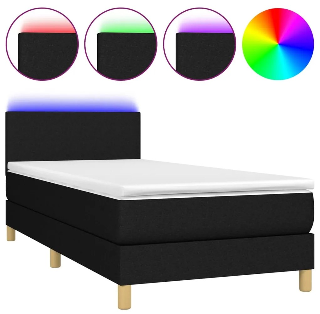 Letto a molle con materasso e led nero 90x200 cm in tessuto