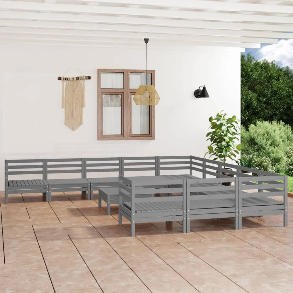 Set salotto da giardino 12 pz in legno massello di pino grigio