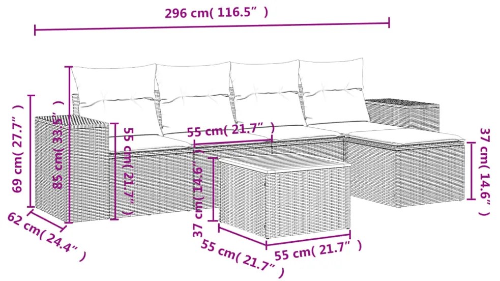 Set divano da giardino 6 pz con cuscini nero in polyrattan