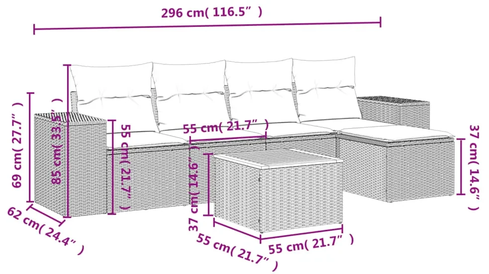 Set divano da giardino 6 pz con cuscini nero in polyrattan