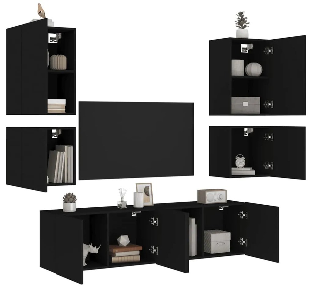Mobili Tv A Muro 6pz Neri İn Legno Multistrato /