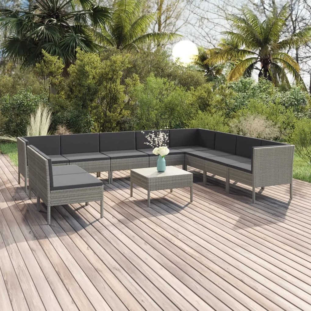 Set divani da giardino 11 pz con cuscini in polyrattan grigio