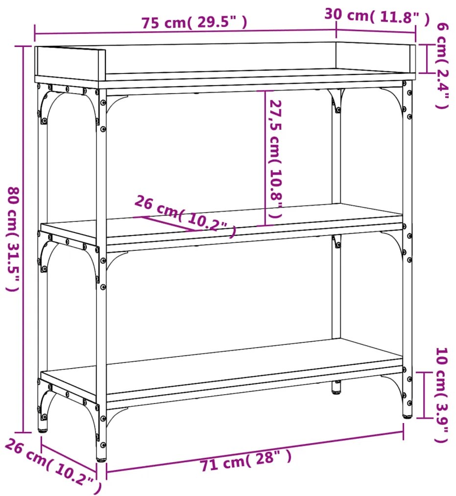 Tavolino Consolle con Ripiani Nero 75x30x80 cm