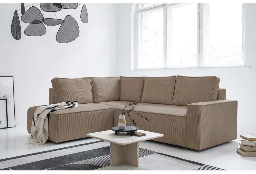 Divano letto angolare in velluto a coste beige Brave Dave - Miuform