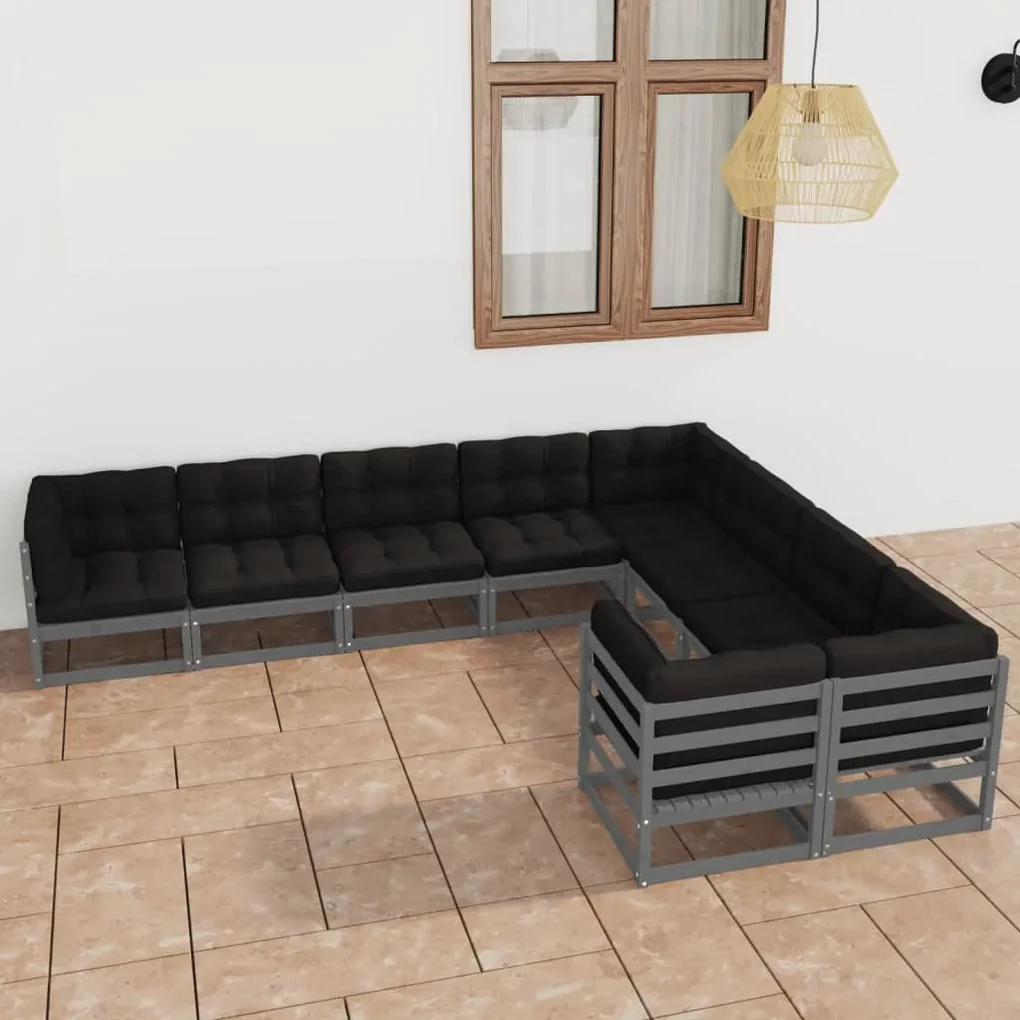 Set divani da giardino 9 pz grigio cuscini massello di pino