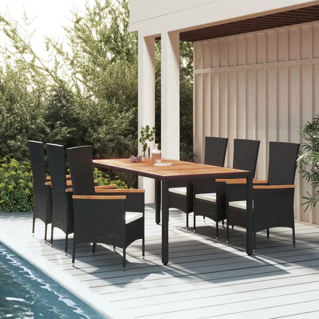Set da pranzo da giardino 7 pz nero con cuscini in polyrattan